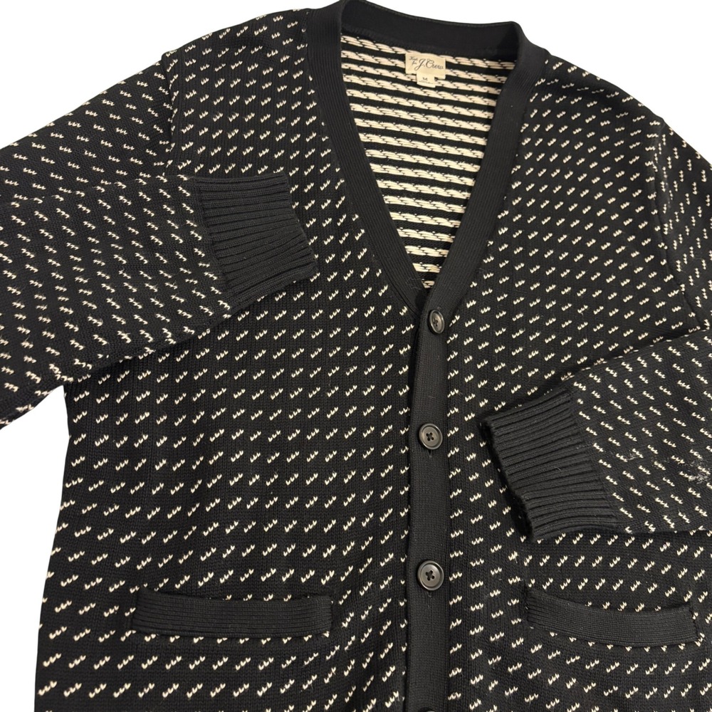 J.Crew Cardigan Sweater Mens M Black White Cotton Knit Button Up Front Pockets